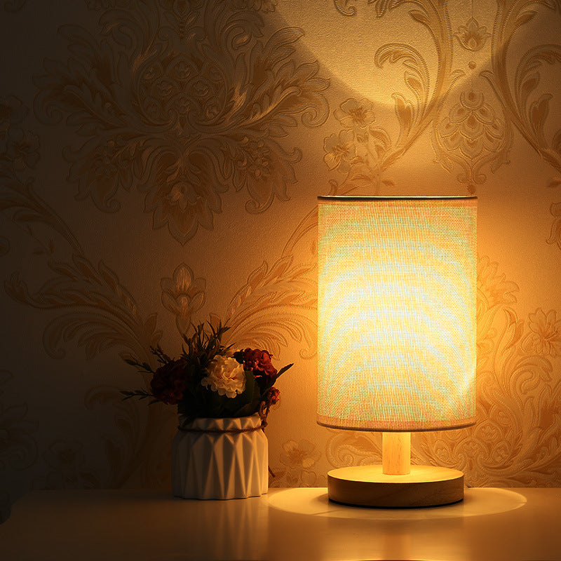 Rechargeable Bamboo Wood Bedside Lamp – Patterned Fabric Shade Night Light, night lights, detail view, embracing wabi-sabi