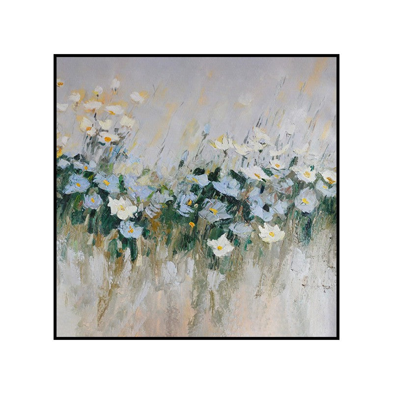 White & Blue Meadow Flowers Handmade Oil Painting – Impressionist Floral Square Canvas, wall art, detail view, embracing