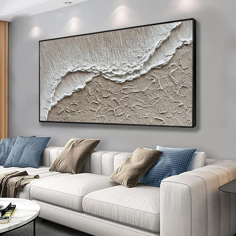 Ocean Wave Handmade Oil Painting – Textured White Sea & Sand Impasto Canvas, wall art, in a styled setting, in soft neutral