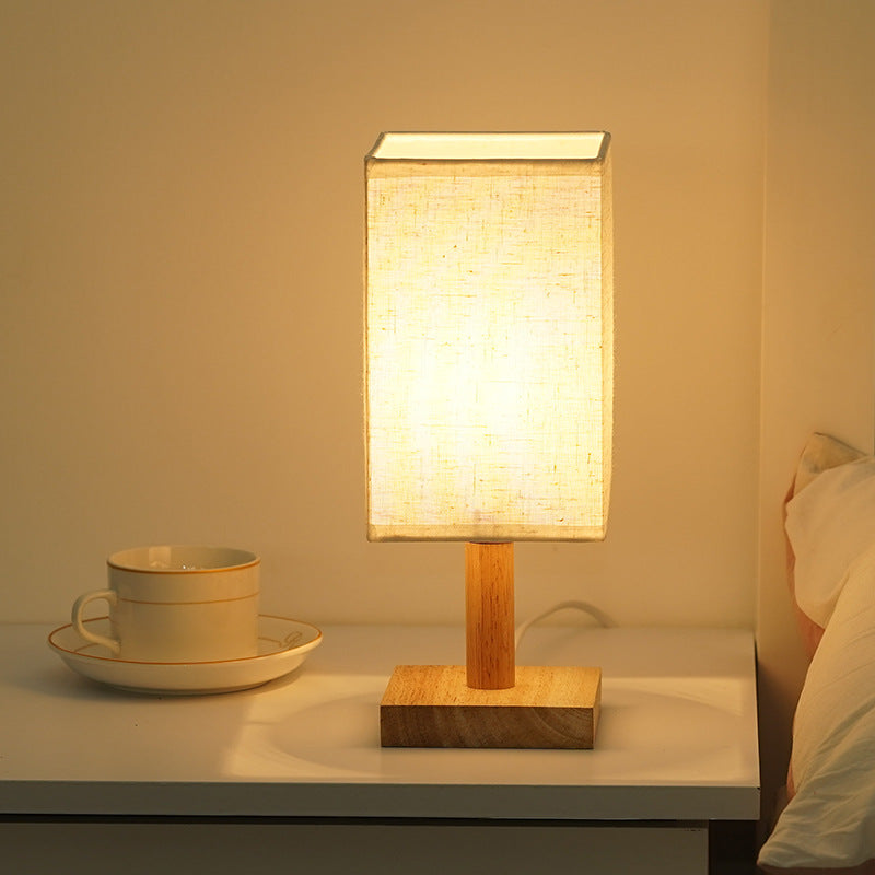 Rechargeable Bamboo Wood Bedside Lamp – Patterned Fabric Shade Night Light, night lights, lifestyle view, blending