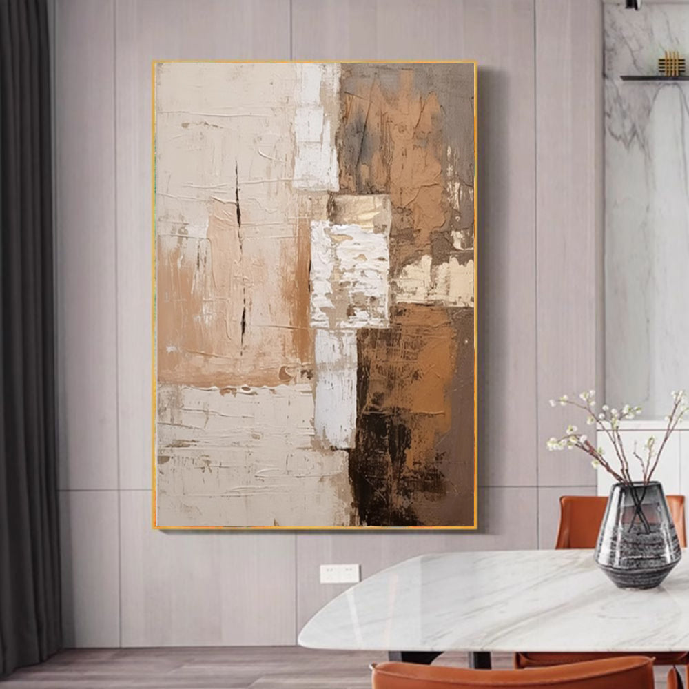 Large Vertical Abstract Impasto Oil Painting – Wabi-Sabi Terracotta & Cream Canvas, wall art, front view, with calming