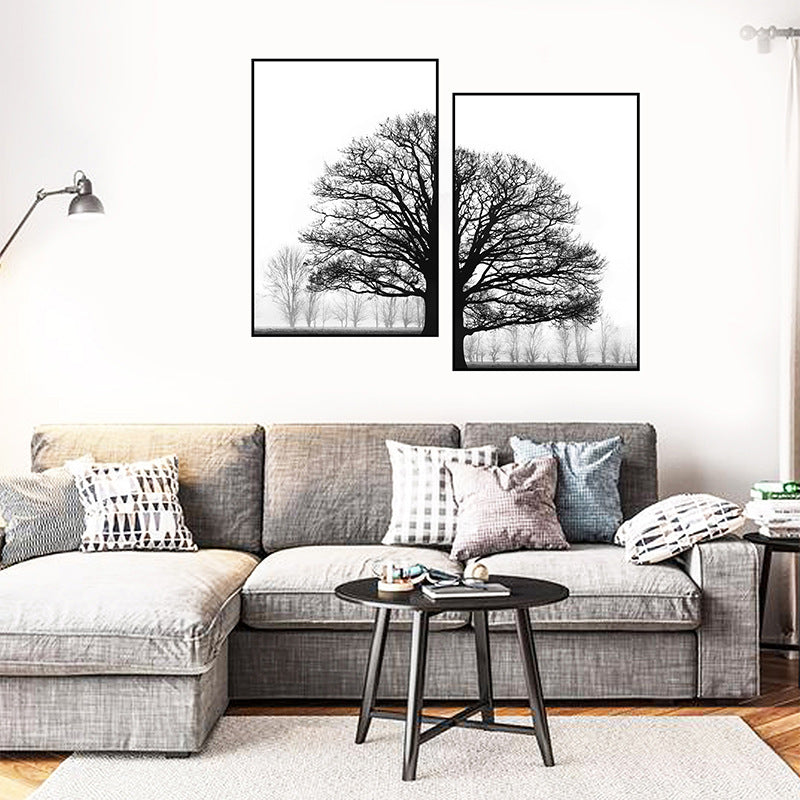Winter Tree Diptych Canvas Print – Black & White Misty Forest Wall Art, crafted in a warm Japandi minimalist style