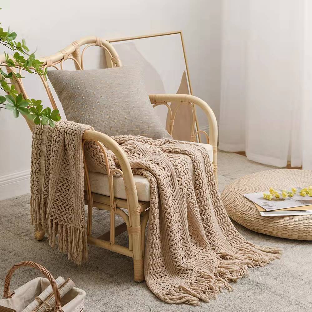 Chunky Cable Knit Chenille Throw | Japandi Tassel Sofa Blanket, blankets & throws, front view, with calming Nordic simplicity