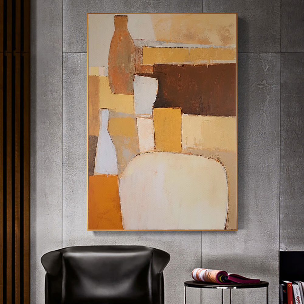 Warm Terracotta Geometric Abstract Oil Painting – Japandi Wabi-Sabi Vertical Canvas, wall art, front view, with calming