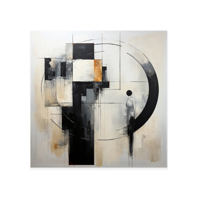 Bauhaus Geometric Abstract Oil Painting – Black, White & Gold Square Canvas, wall art, alternate angle, for a serene modern