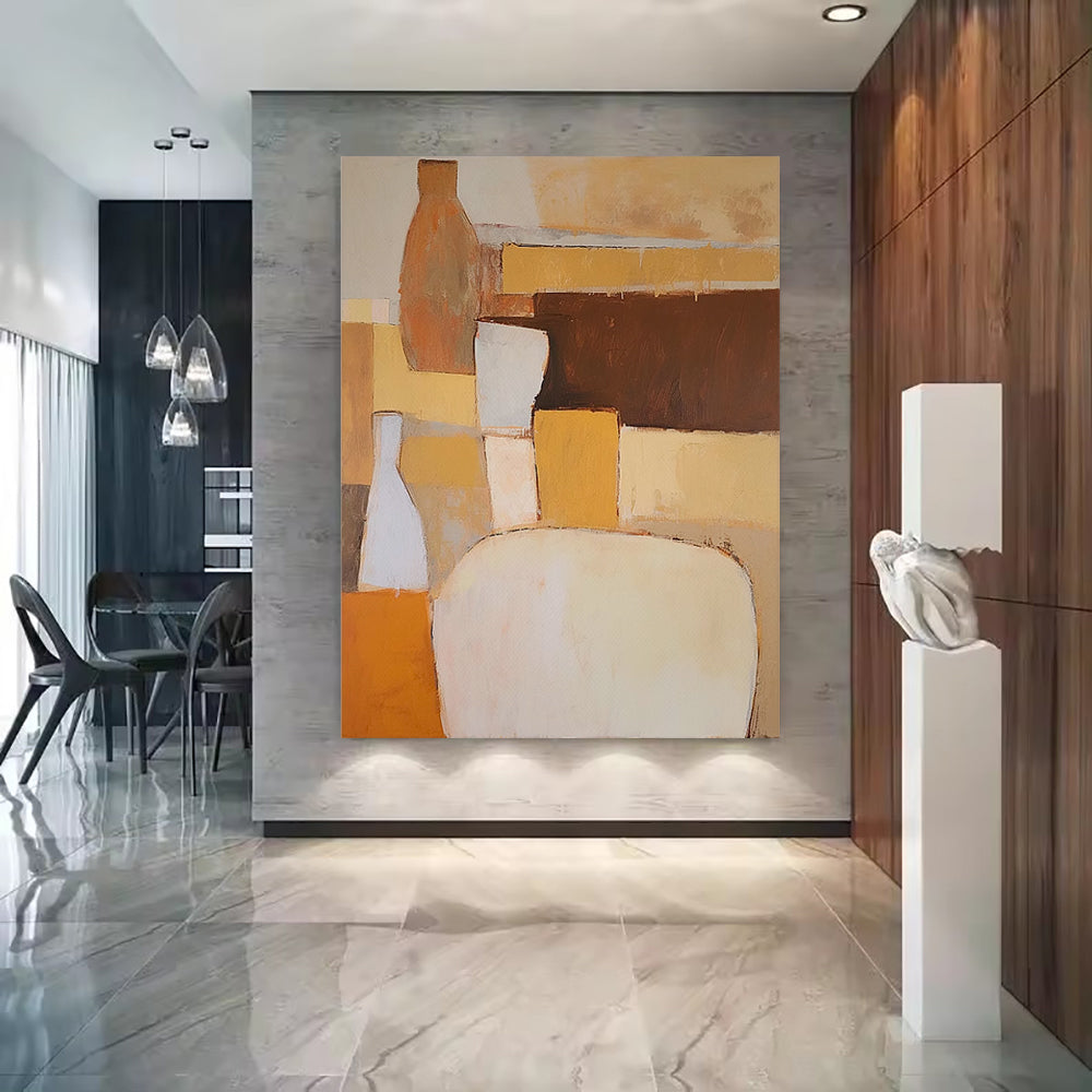 Warm Terracotta Geometric Abstract Oil Painting – Japandi Wabi-Sabi Vertical Canvas, wall art, front view, with calming