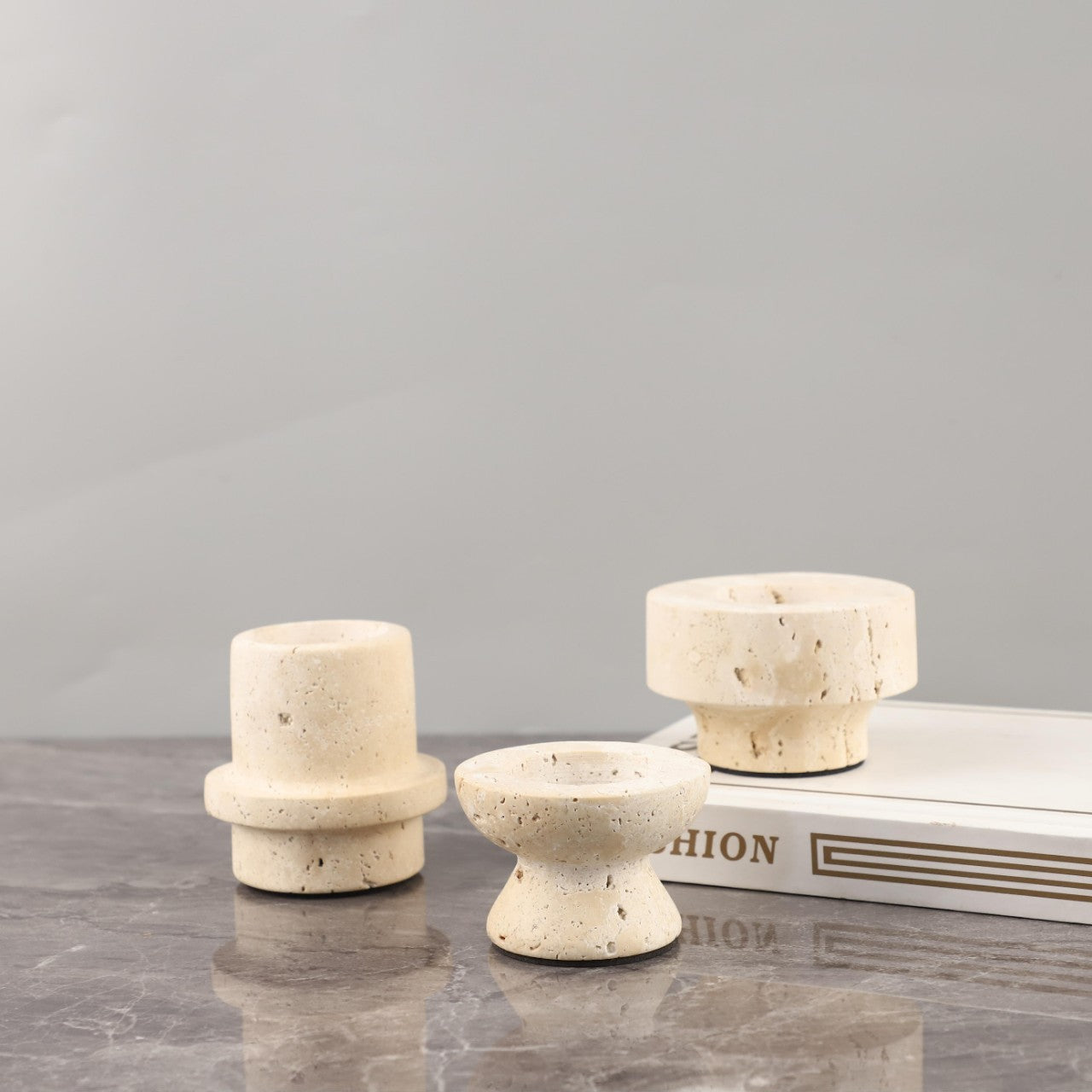 Travertine Stone Candle Holder | Japandi Natural Limestone Pillar Holder, candle holders, in a styled setting, in soft