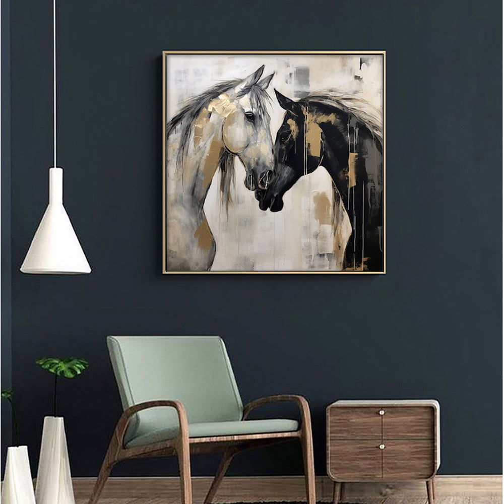 Two Horses Handmade Oil Painting – Black, White & Gold Abstract Equine Canvas, wall art, front view, with calming Nordic