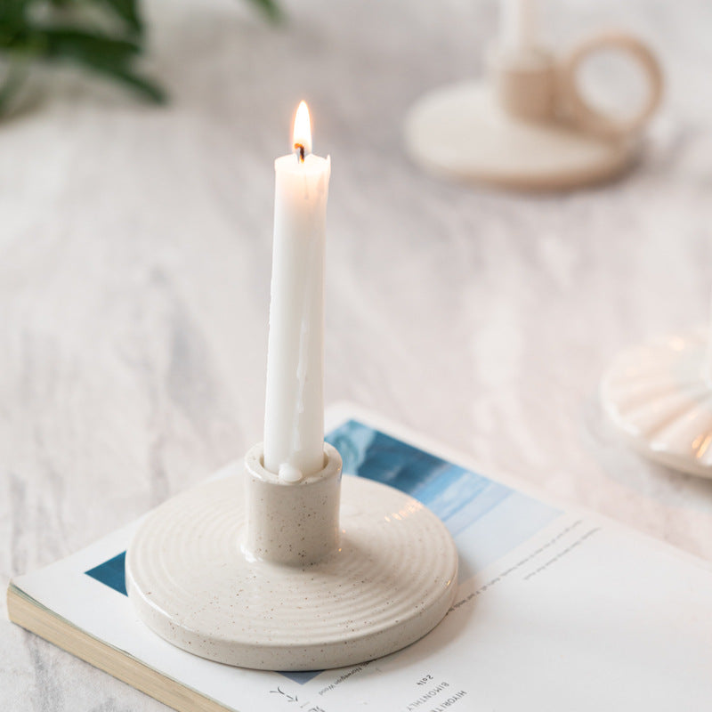 Raw Ceramic Taper Holder | Japandi Chamberstick & Disc Candle Holder, candle holders, in a styled setting, in soft neutral