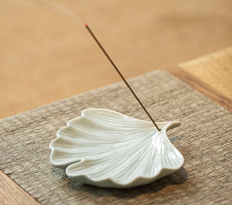 Ginkgo Leaf Ceramic Incense Tray | Japandi Ritual Home Fragrance, incense burners, front view, with calming Nordic simplicity