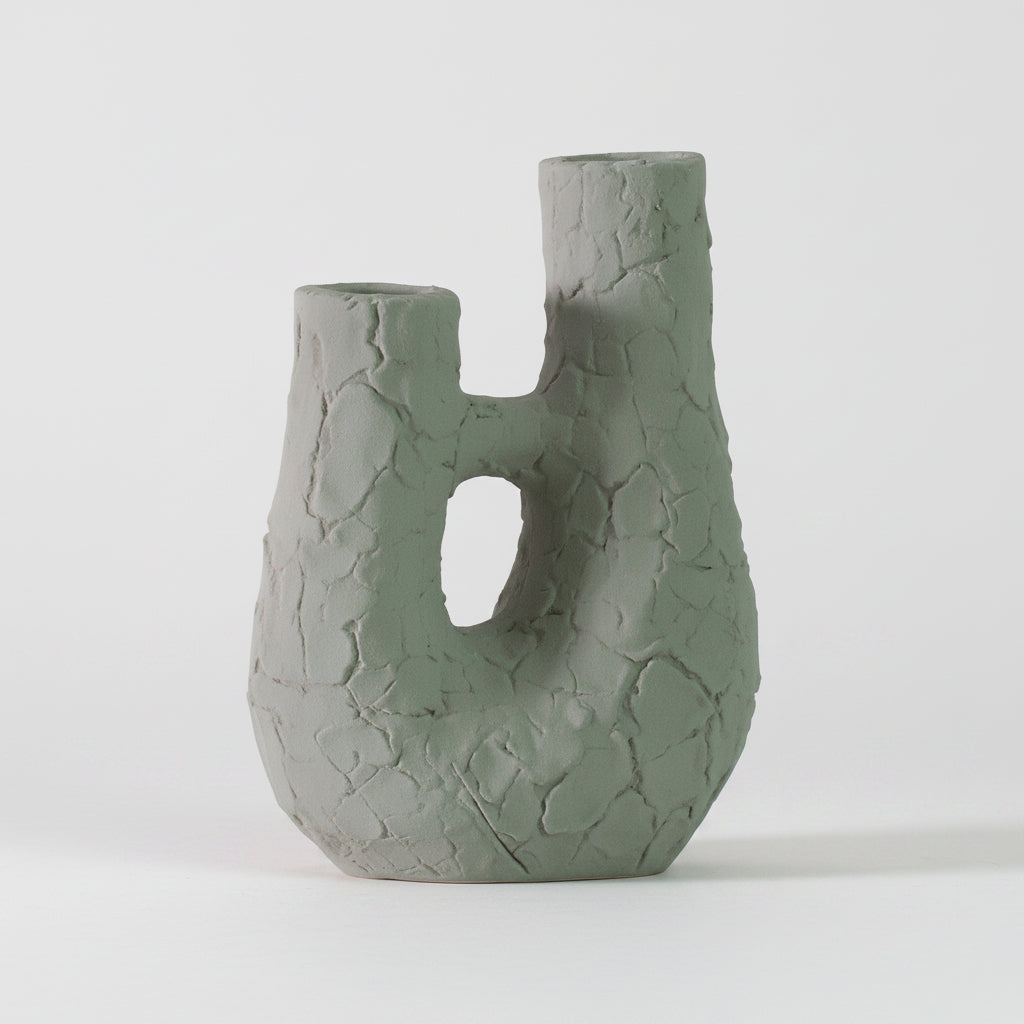 Weathered Stone Dual-Neck Ceramic Candle Holder | Wabi-Sabi Sculptural Taper Holder, candle holders, alternate angle, for a
