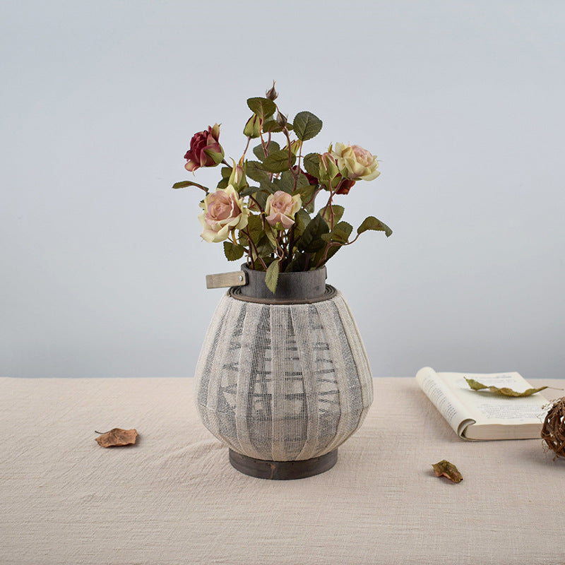 Woven Linen Lantern Candle Holder | Japandi Bamboo Floor Lantern, candle holders, detail view, embracing wabi-sabi natural