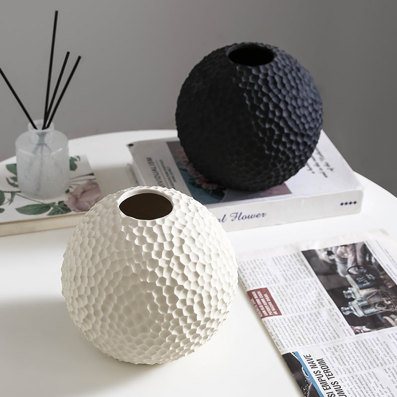 Honeycomb Sphere Ceramic Vase | Japandi Sculptural Globe, vases & vessels, in a styled setting, in soft neutral organic tones