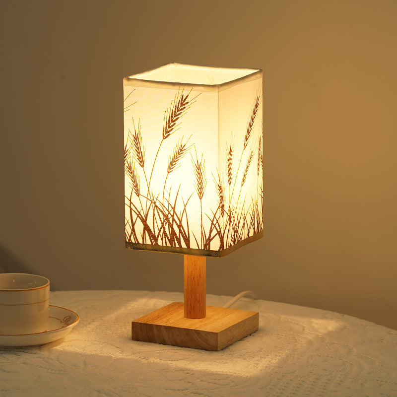 Rechargeable Bamboo Wood Bedside Lamp – Patterned Fabric Shade Night Light, night lights, front view, with calming Nordic