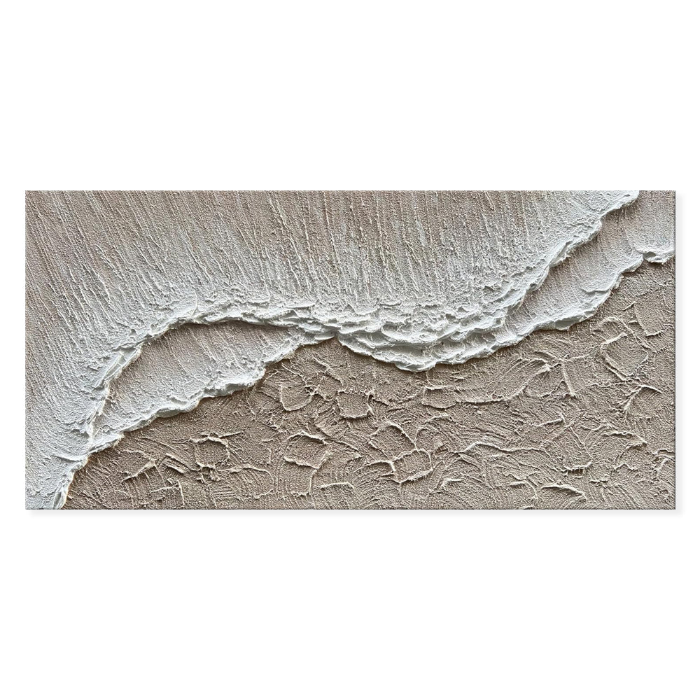 Ocean Wave Handmade Oil Painting – Textured White Sea & Sand Impasto Canvas, wall art, front view, with calming Nordic