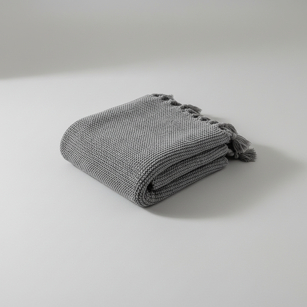 Ribbed Tassel Knit Throw | Japandi Nordic Sofa Blanket, blankets & throws, detail view, embracing wabi-sabi natural
