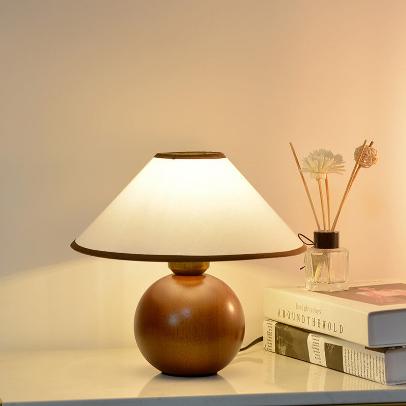 Walnut Sphere Table Lamp – Conical Fabric Shade Retro Bedside Light, night lights, crafted in a warm Japandi minimalist style
