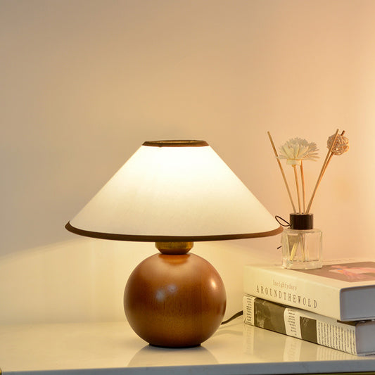 Walnut Sphere Table Lamp – Conical Fabric Shade Retro Bedside Light, night lights, crafted in a warm Japandi minimalist style