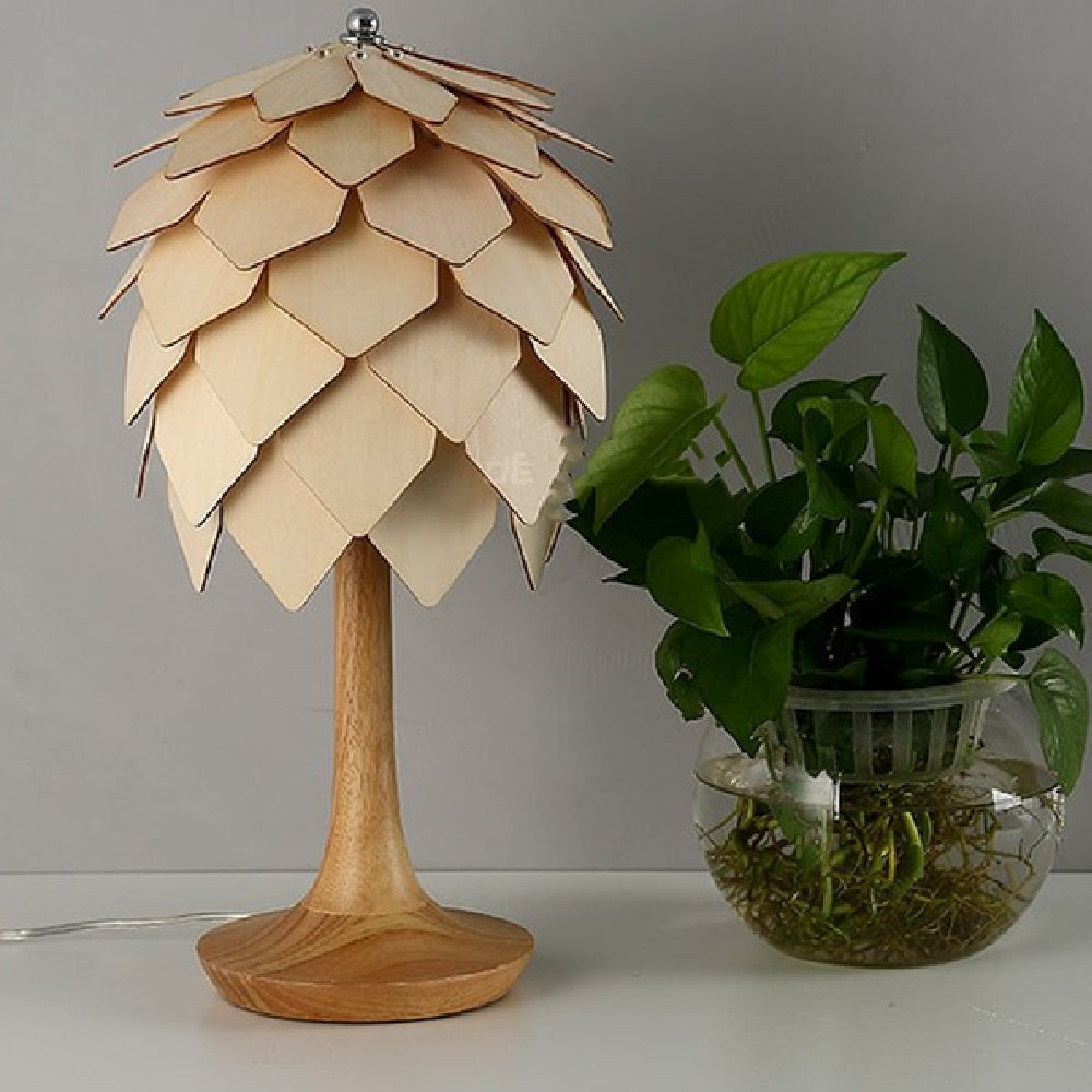 Pine Cone Table Lamp – Sculptural Wooden Ambient Light, night lights, front view, with calming Nordic simplicity