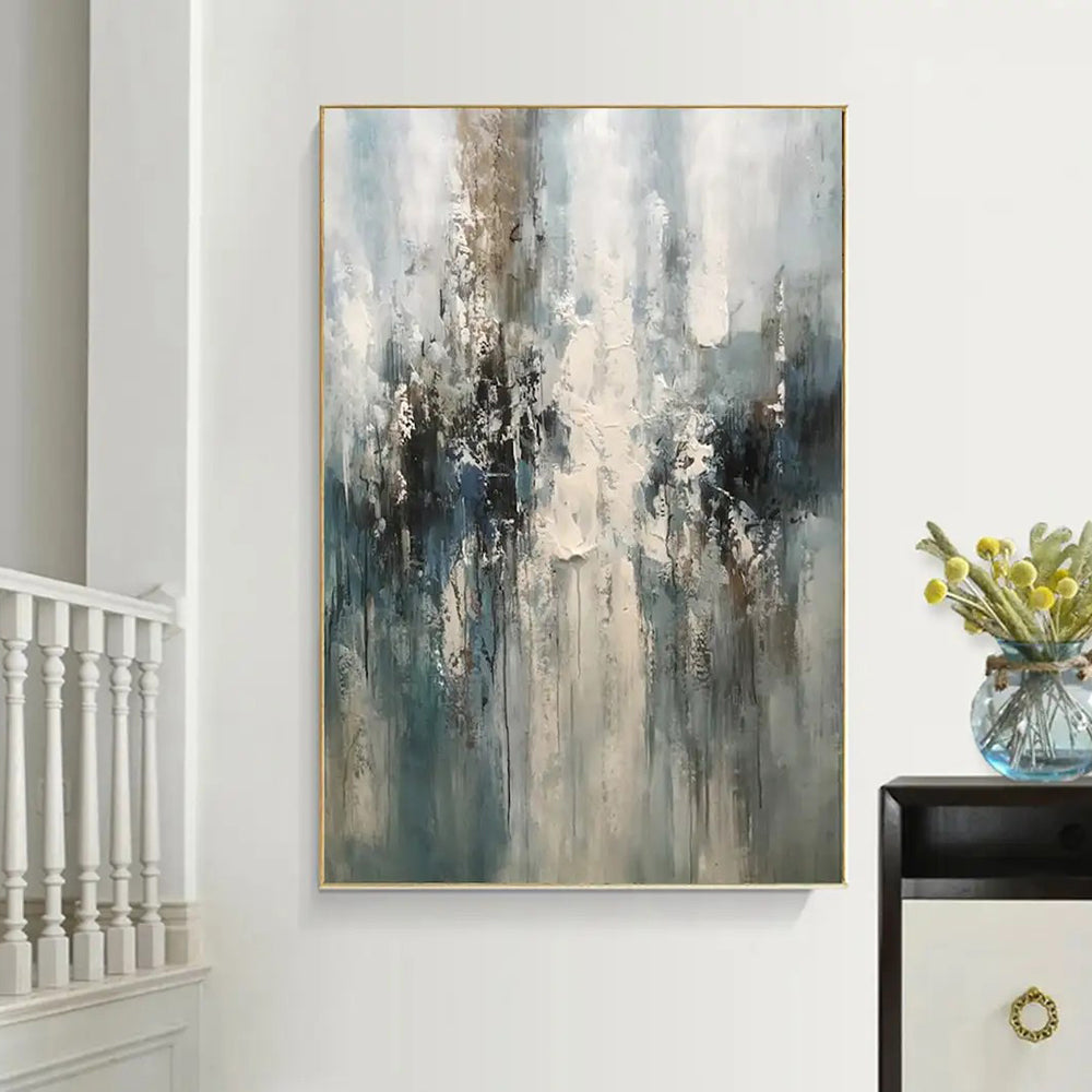Rising Light Abstract Impasto Oil Painting – Gold & Teal Vertical Textured Canvas, wall art, lifestyle view, blending