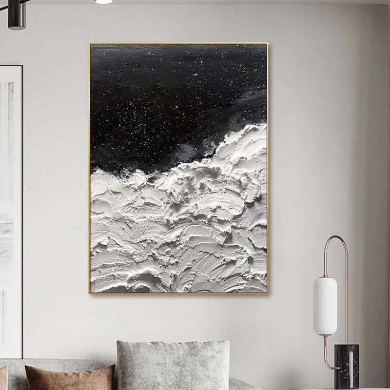 Oceans of Stars – Handmade Black & White Impasto Oil Painting with Gold Star Flecks, wall art, front view, with calming