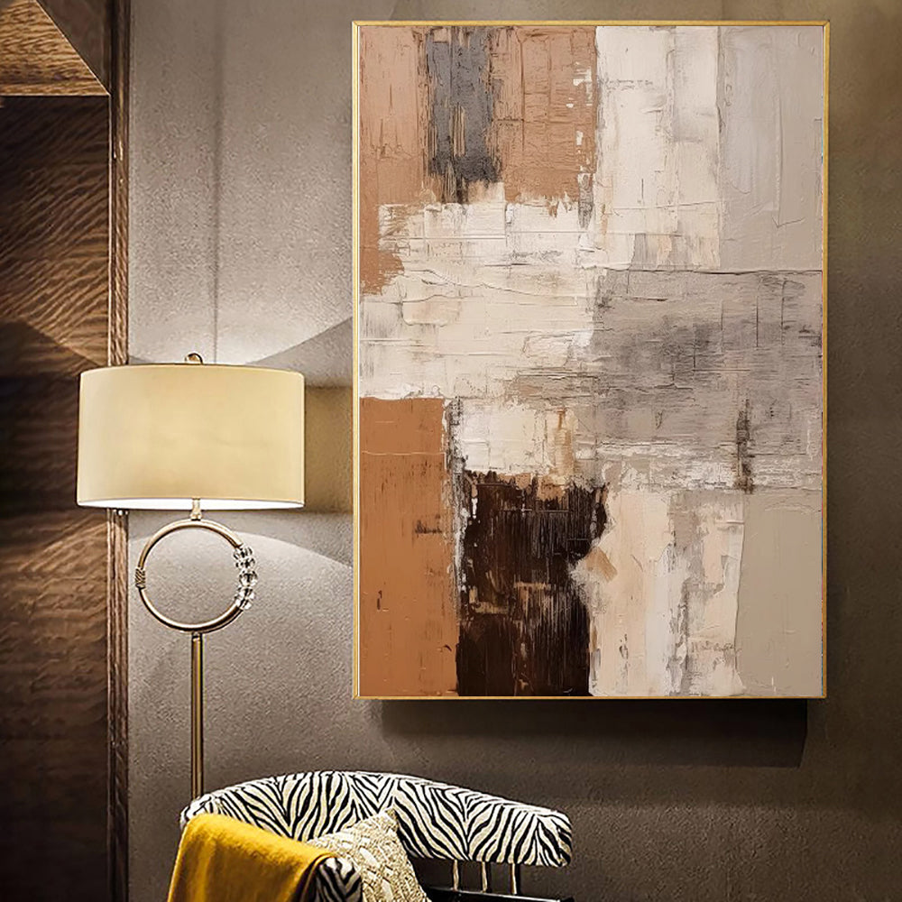 Large Vertical Abstract Impasto Oil Painting – Wabi-Sabi Terracotta & Cream Canvas, wall art, alternate angle, for a serene