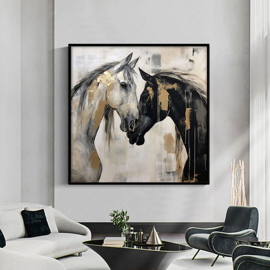 Two Horses Handmade Oil Painting – Black, White & Gold Abstract Equine Canvas, wall art, crafted in a warm Japandi