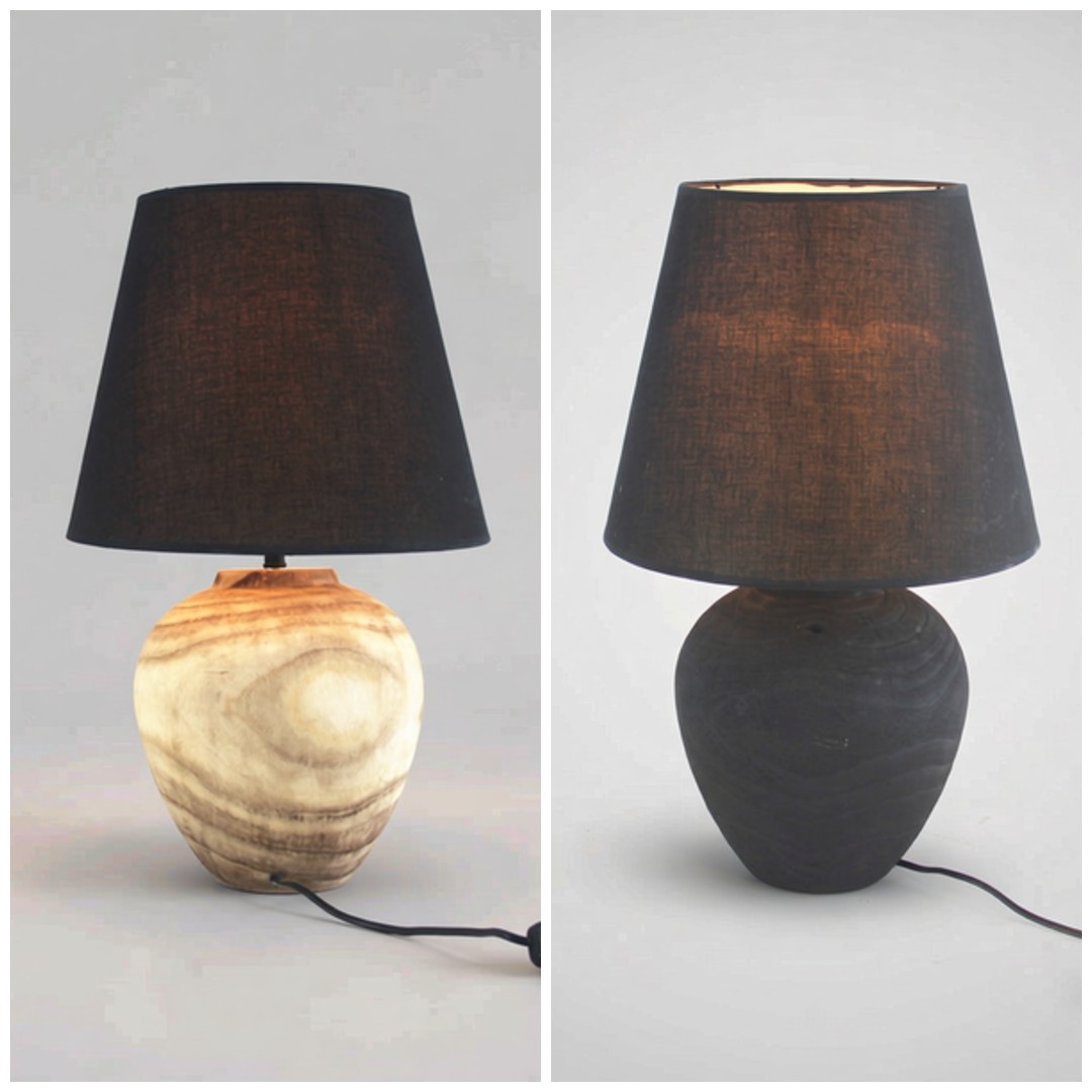 Matte Black Urn Table Lamp – Wabi-Sabi Linen Shade Bedside Light, night lights, crafted in a warm Japandi minimalist style