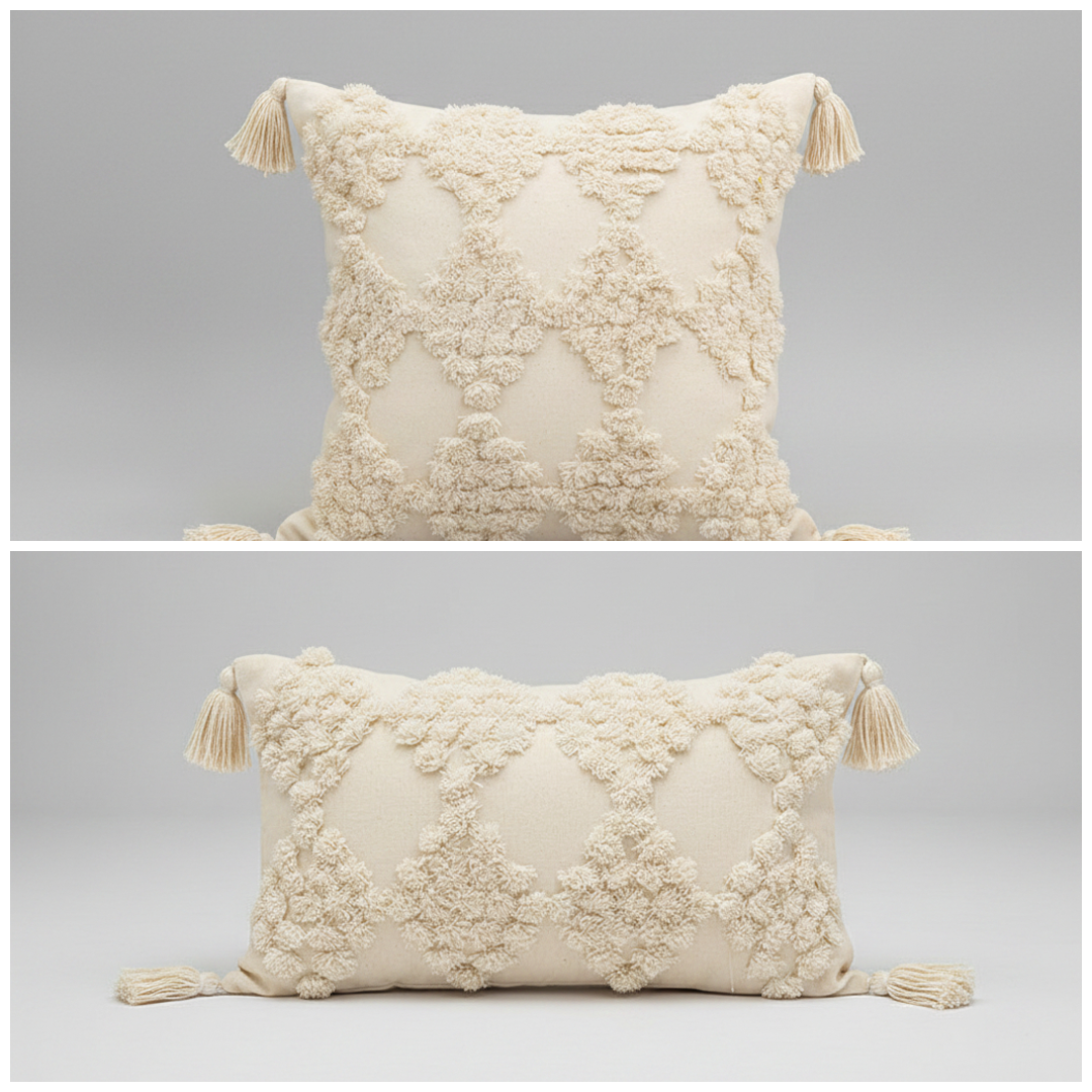 Cotton Canvas Tufted Tassel Cushion | Japandi Nordic Style, cushions & inserts, crafted in a warm Japandi minimalist style