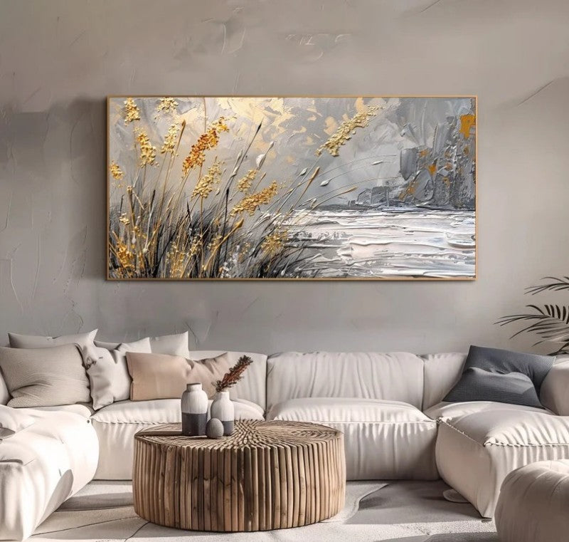 Golden Reeds at Dusk – Handmade Impasto Landscape Oil Painting, Panoramic Canvas, wall art, front view, with calming Nordic
