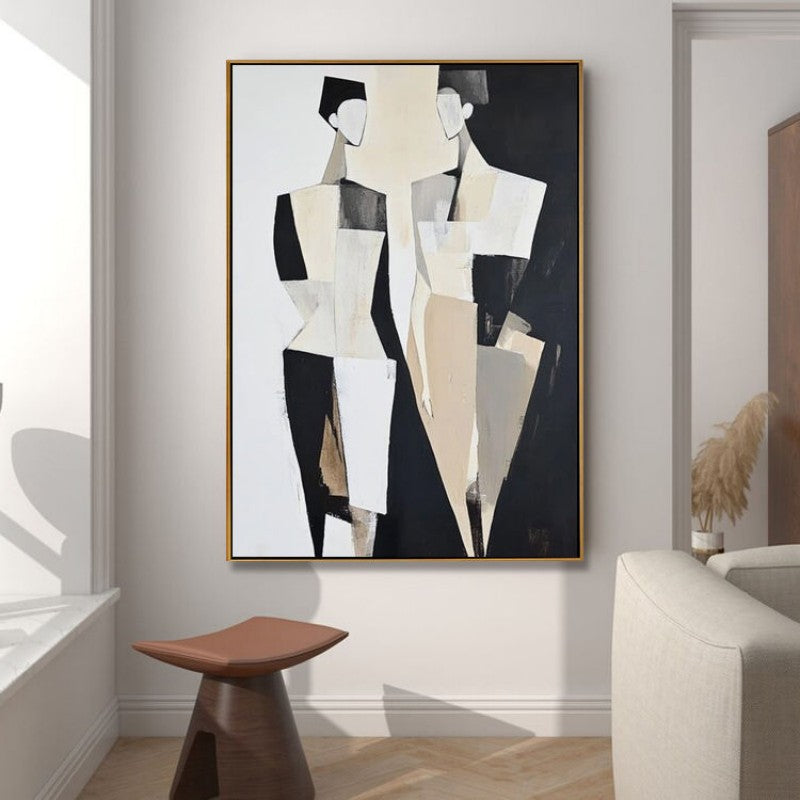 Two Souls – Noir Abstract Figurative Oil Painting | Black & White Vertical Canvas, wall art, alternate angle, for a serene