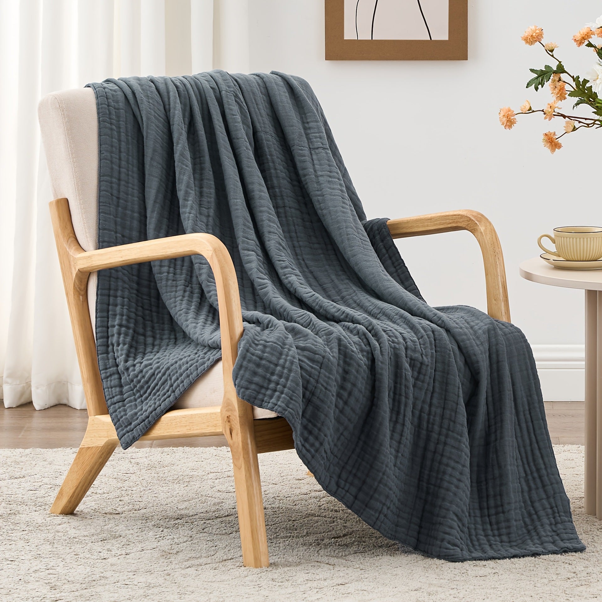 Six-Layer Cotton Muslin Throw | Japandi Gauze Sofa & Bed Blanket, blankets & throws, detail view, embracing wabi-sabi