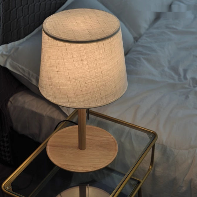Walnut Wood Pull-Chain Table Lamp – Linen Shade Bedside Light, night lights, front view, with calming Nordic simplicity