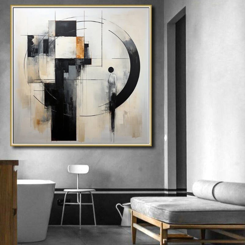 Bauhaus Geometric Abstract Oil Painting – Black, White & Gold Square Canvas, wall art, detail view, embracing wabi-sabi
