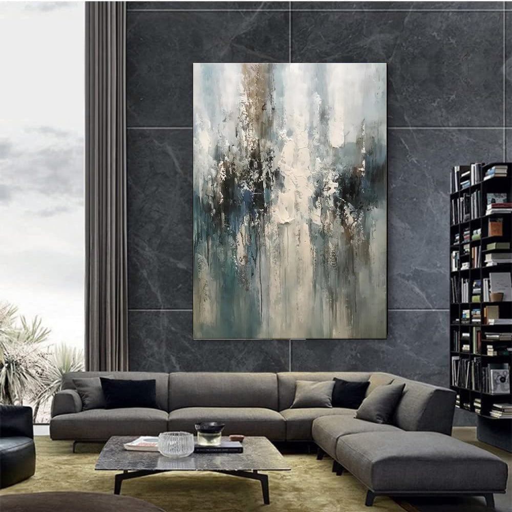 Rising Light Abstract Impasto Oil Painting – Gold & Teal Vertical Textured Canvas, wall art, close-up detail, crafted in a