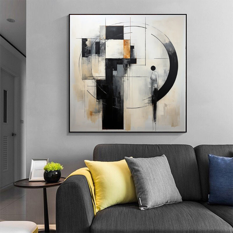 Bauhaus Geometric Abstract Oil Painting – Black, White & Gold Square Canvas, wall art, in a styled setting, in soft neutral