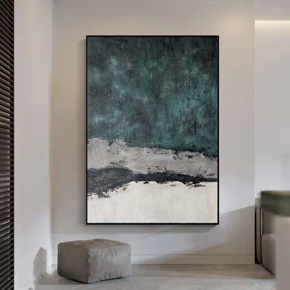 Deep Teal Abstract Impasto Oil Painting – Moody Green Wabi-Sabi Vertical Canvas, wall art, front view, with calming Nordic