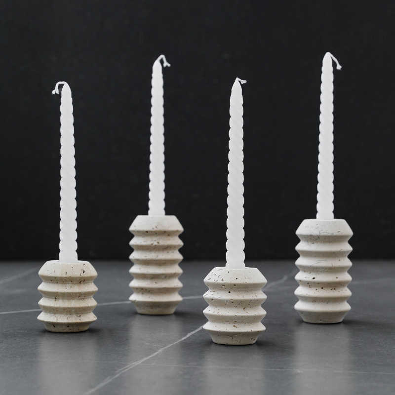 Ridged Travertine Taper Holder | Japandi Threaded Stone Candle Holder, candle holders, detail view, embracing wabi-sabi