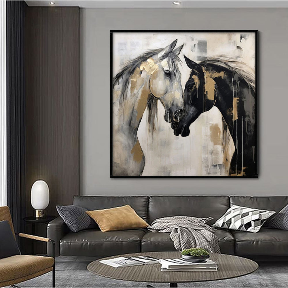 Two Horses Handmade Oil Painting – Black, White & Gold Abstract Equine Canvas, wall art, detail view, embracing wabi-sabi