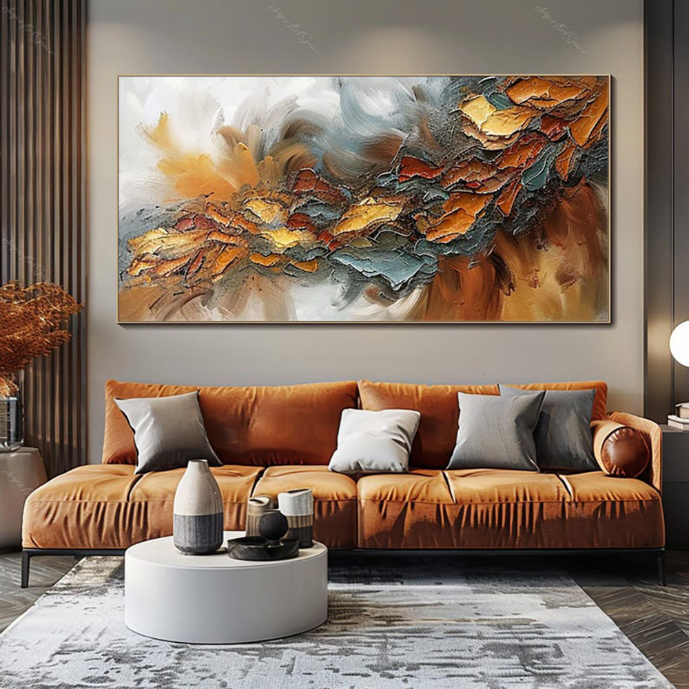Autumn Storm Palette Knife Oil Painting – Amber, Gold & Teal Horizontal Textured Canvas, wall art, detail view, embracing