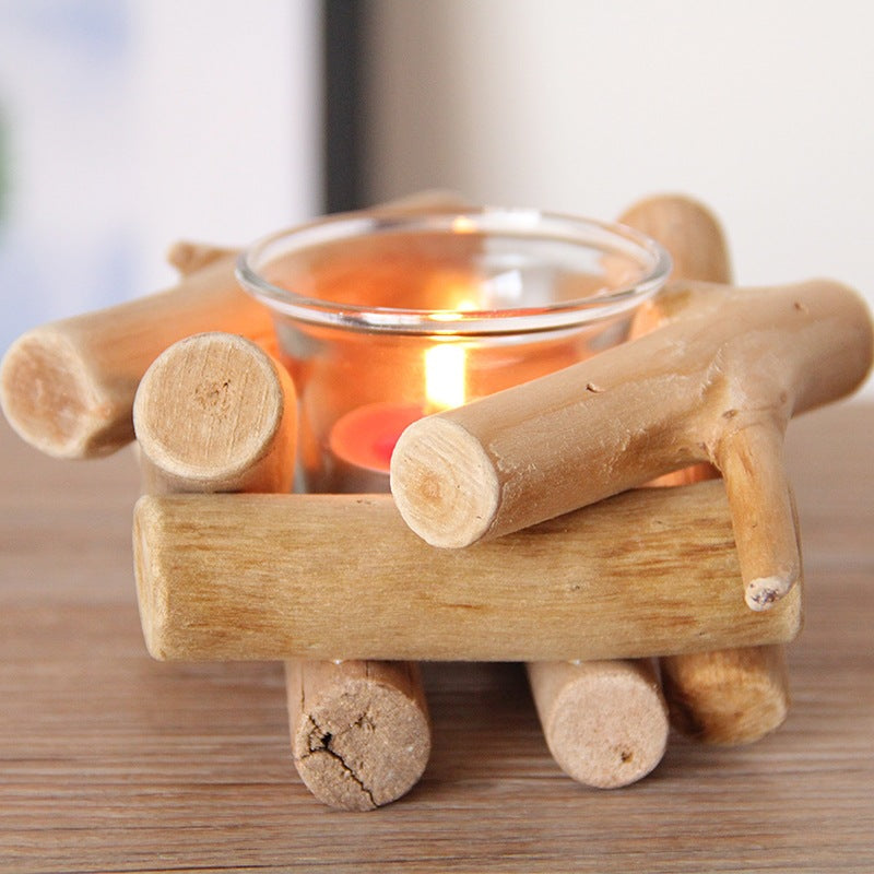 Driftwood Bundle Tea Light Holder | Wabi-Sabi Natural Wood Candle Holder, candle holders, front view, with calming Nordic