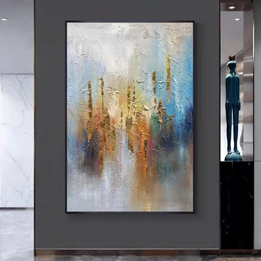 Rising Light Abstract Impasto Oil Painting – Gold & Teal Vertical Textured Canvas, wall art, detail view, embracing