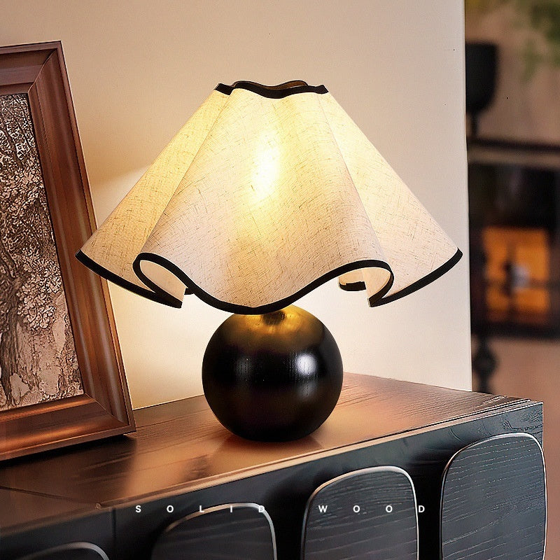 Ruffled Linen Walnut Sphere Table Lamp | Japandi Retro Bedroom Light, night lights, crafted in a warm Japandi minimalist