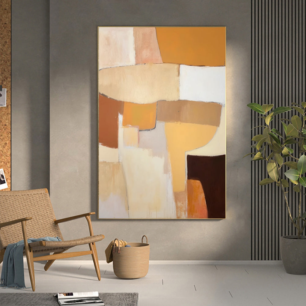 Warm Terracotta Geometric Abstract Oil Painting – Japandi Wabi-Sabi Vertical Canvas, wall art, lifestyle view, blending
