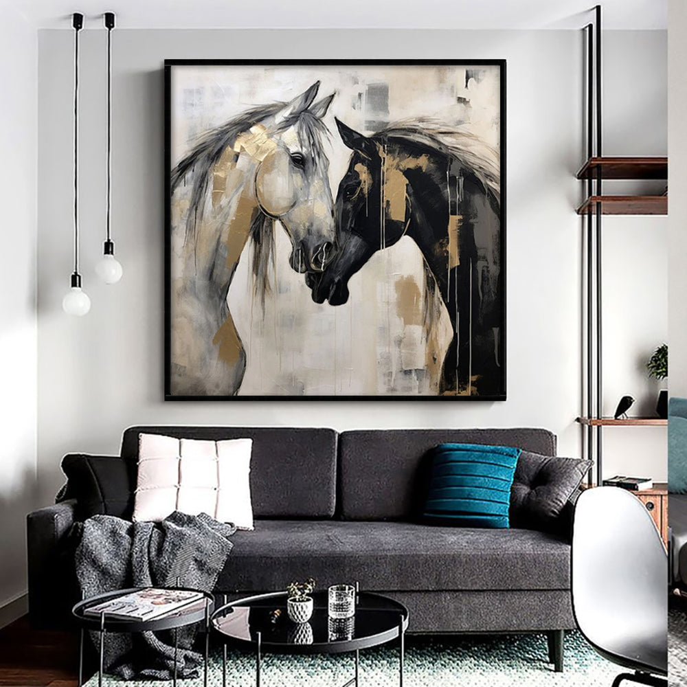 Two Horses Handmade Oil Painting – Black, White & Gold Abstract Equine Canvas, wall art, in a styled setting, in soft