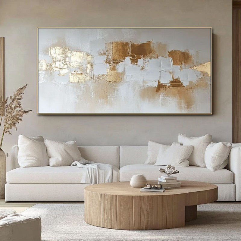 Golden Mosaic Abstract Oil Painting – Luxury Gold & White Impasto Panoramic Canvas, wall art, front view, with calming