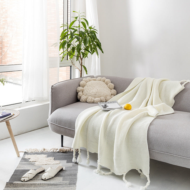 Ribbed Tassel Knit Throw | Japandi Nordic Sofa Blanket, blankets & throws, detail view, embracing wabi-sabi natural