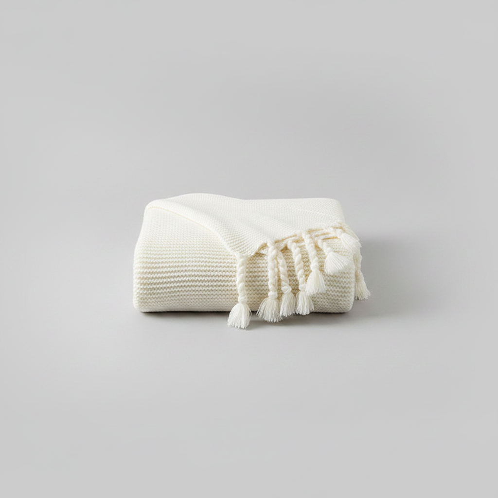 Ribbed Tassel Knit Throw | Japandi Nordic Sofa Blanket, blankets & throws, front view, with calming Nordic simplicity