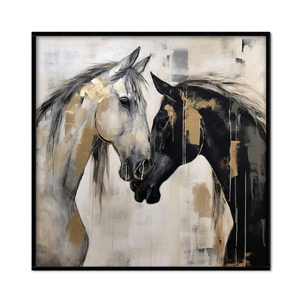 Two Horses Handmade Oil Painting – Black, White & Gold Abstract Equine Canvas, wall art, alternate angle, for a serene