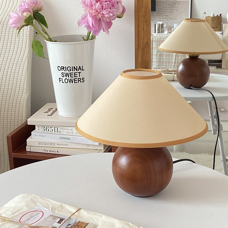 Walnut Sphere Table Lamp – Conical Fabric Shade Retro Bedside Light, night lights, in a styled setting, in soft neutral